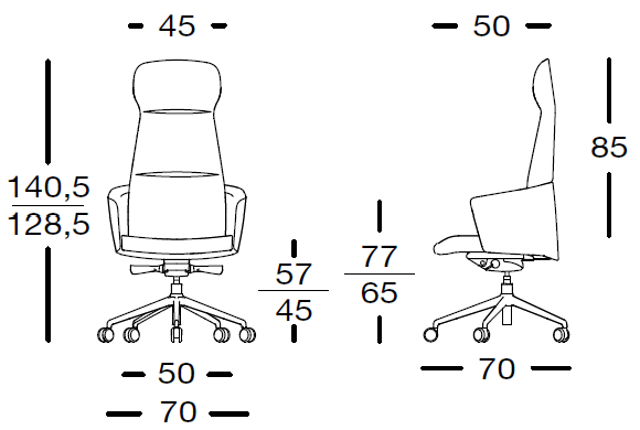 Sch&eacute;ma du si&egrave;ge de direction Ashi avec appuie-t&ecirc;te : vues de face et de profil, hauteur 128,5-140,5 cm