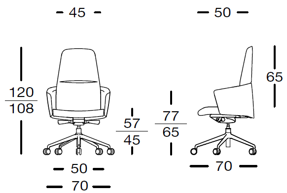 Sch&eacute;ma cotes fauteuil de direction Ashi dossier moyen : largeur 45, hauteur 108-120 cm, vues de face et de profil
