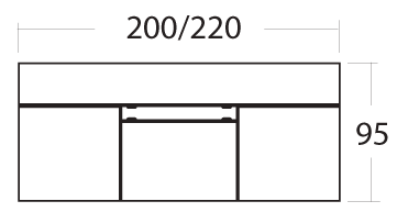 Schéma cotes bureau simple Asta vu de dessus : plateau de 200 à 220 cm de largeur, profondeur 95 cm