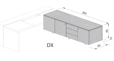 Schéma 3D bureau Asta avec crédence et meuble bas de rangement : longueur 200 cm, profondeur 60 cm