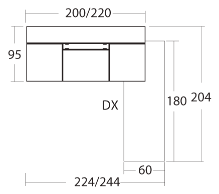 Schéma cotes bureau Asta avec retour simple vu de dessus : plateau 200-220 cm, retour 180-204 cm, profondeur 95 cm