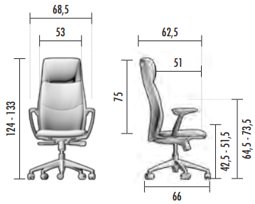 Schéma cotes fauteuil direction Astorg grand dossier avec têtière, largeur 68,5 cm, hauteur 124-133 cm : face et profil