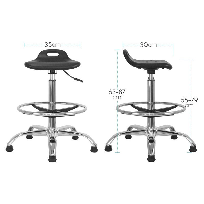 Sch&eacute;ma cotes tabouret haut Astu avec repose-pieds : assise 35 cm, hauteur r&eacute;glable de 51 &agrave; 87 cm, deux assises