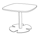 Sch&eacute;ma table basse Aven &agrave; plateau berlingot sur pied central, vue en perspective
