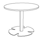 Sch&eacute;ma table basse Aven &agrave; plateau rond sur pied central et base p&eacute;tale, vue en perspective