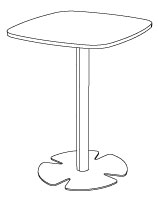 Sch&eacute;ma table Aven &agrave; plateau berlingot carr&eacute; arrondi sur pied central, vue en perspective