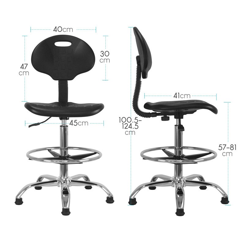 Sch&eacute;ma cotes si&egrave;ge d'atelier Azegia avec repose-pieds : assise 45 cm, hauteur r&eacute;glable 57 &agrave; 81 cm, face et profil