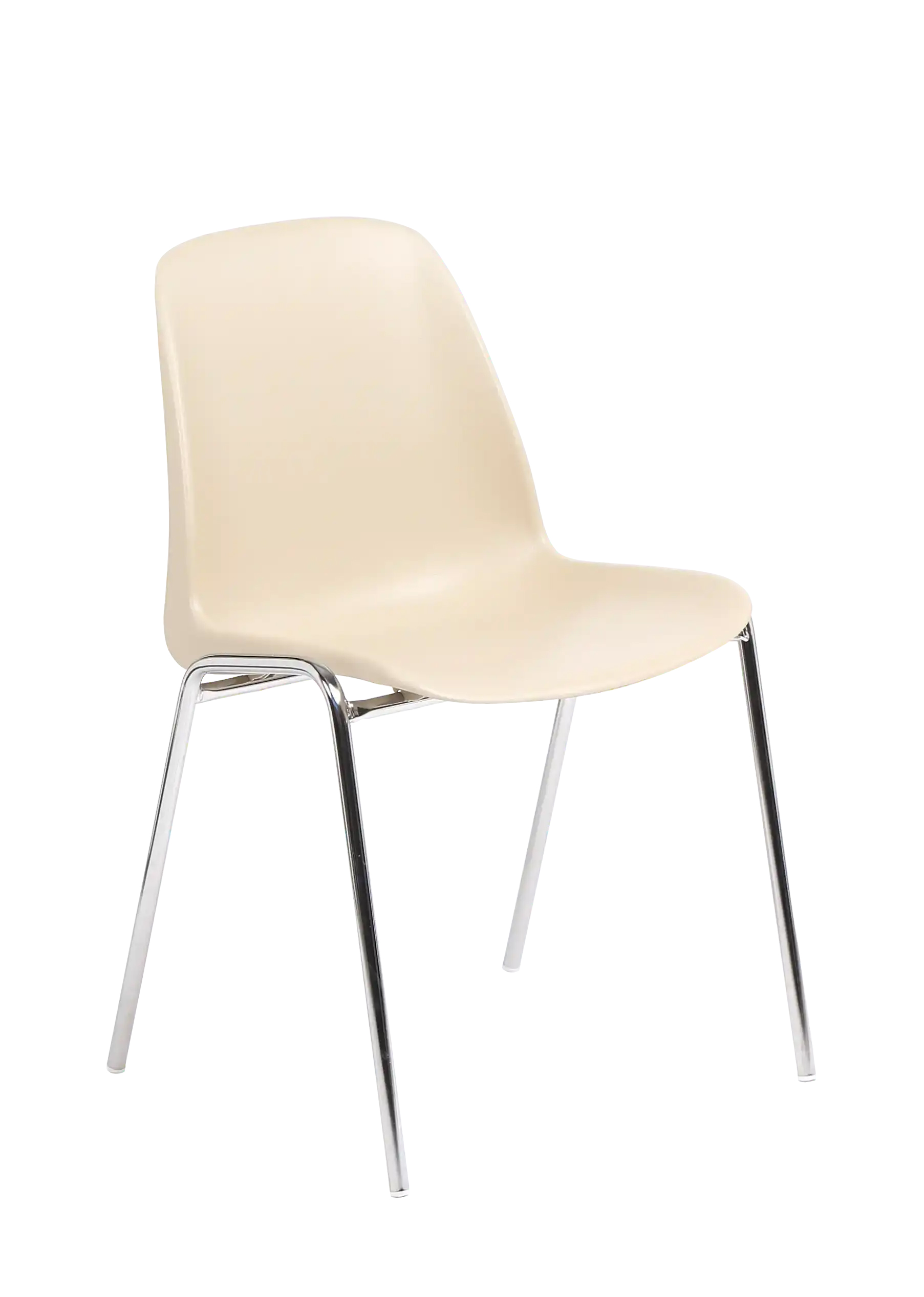 Chaise coque Bada beige sur pi&eacute;tement 4 pieds chrom&eacute;, vue de trois quarts