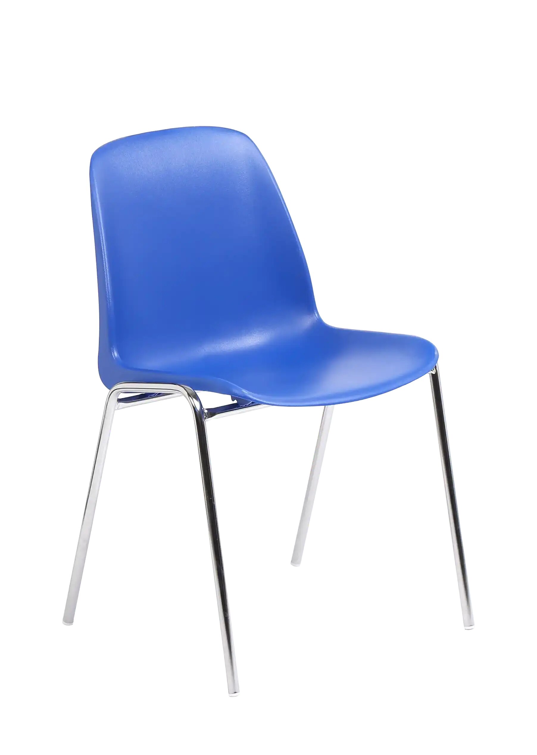Chaise coque Bada bleu sur pi&eacute;tement 4 pieds chrom&eacute;, vue de trois quarts