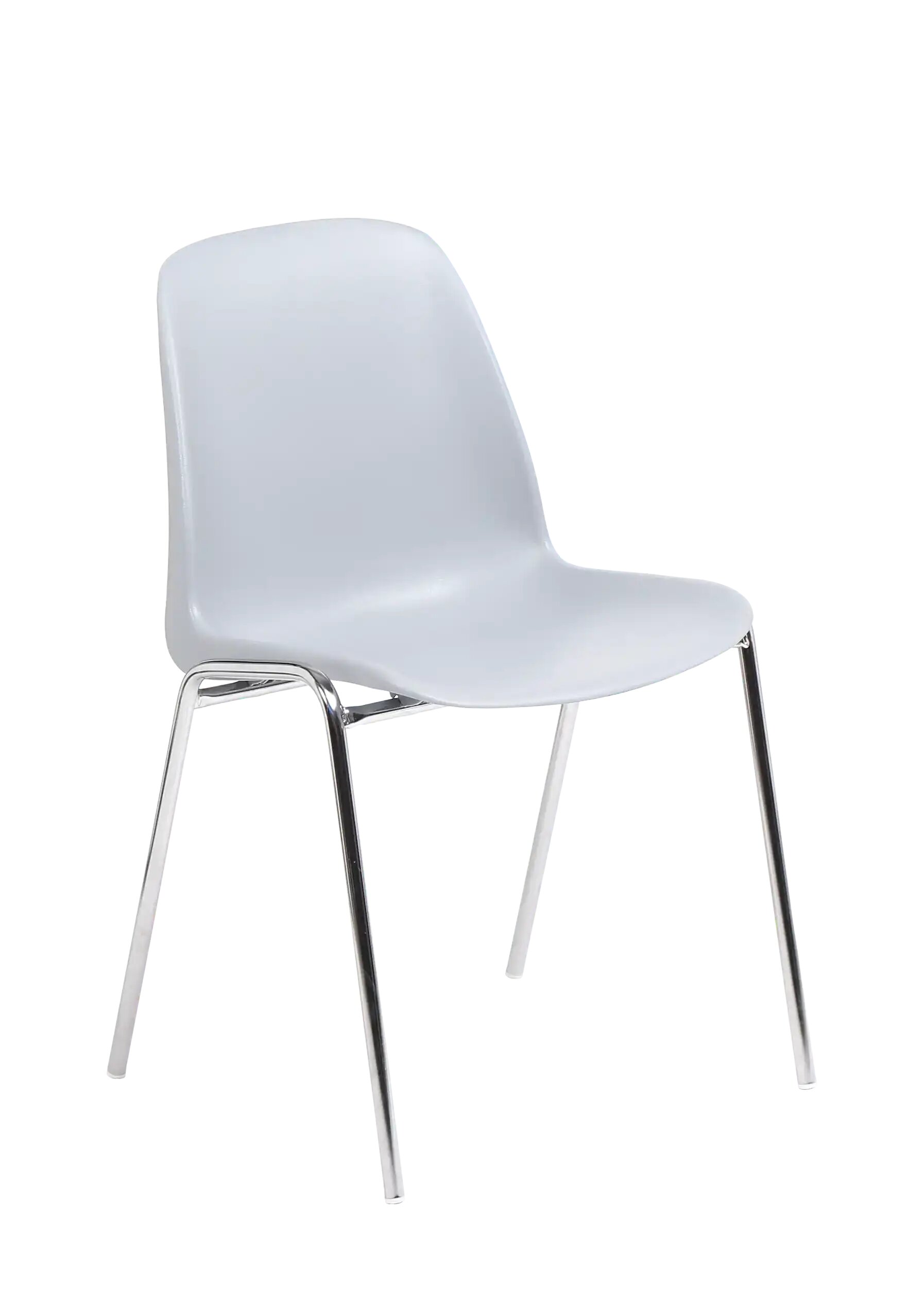 Chaise coque Bada gris clair sur pi&eacute;tement 4 pieds chrom&eacute;, vue de trois quarts