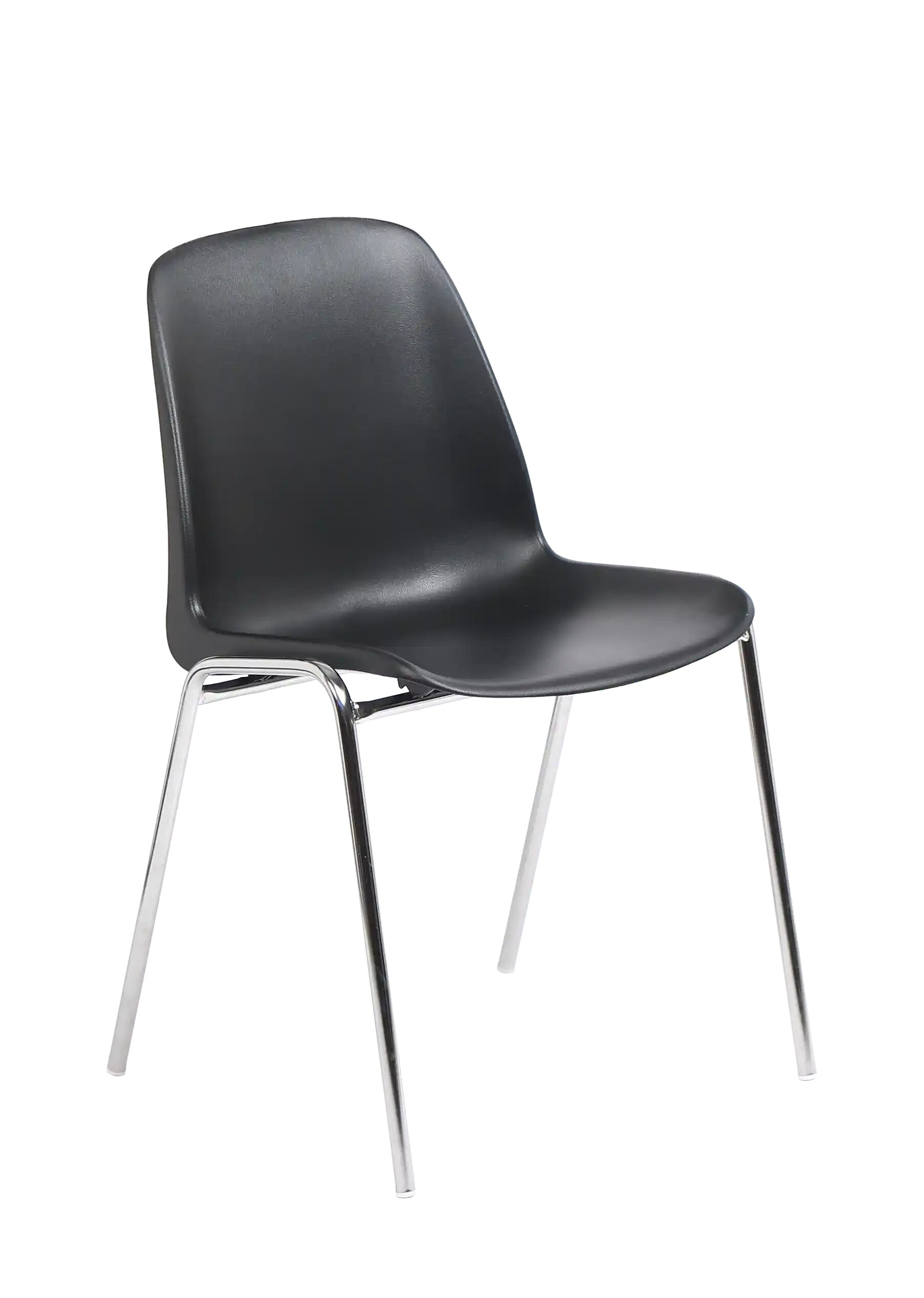Chaise coque Bada noir sur pi&eacute;tement 4 pieds chrom&eacute;, vue de trois quarts