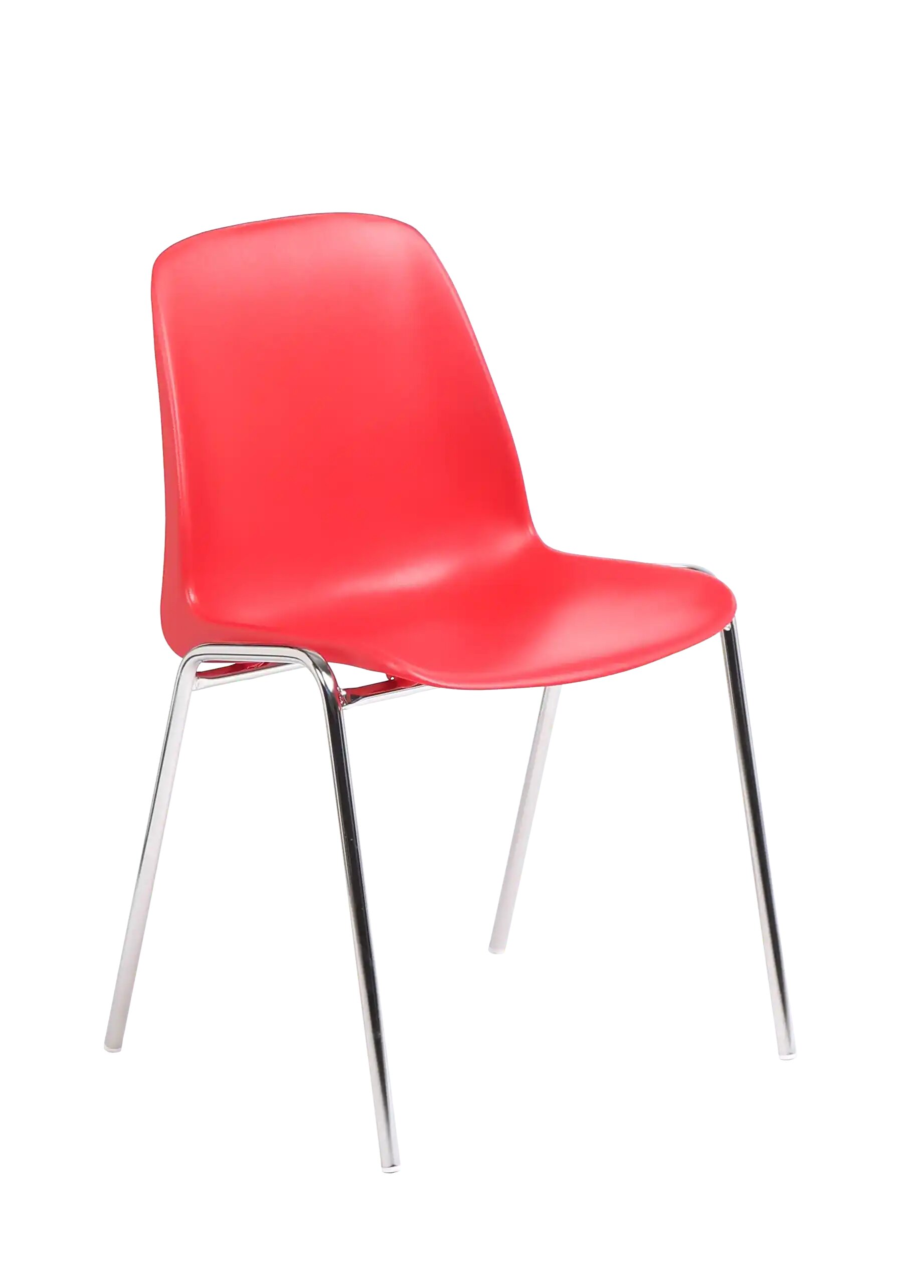 Chaise coque Bada rouge sur pi&eacute;tement 4 pieds chrom&eacute;, vue de trois quarts