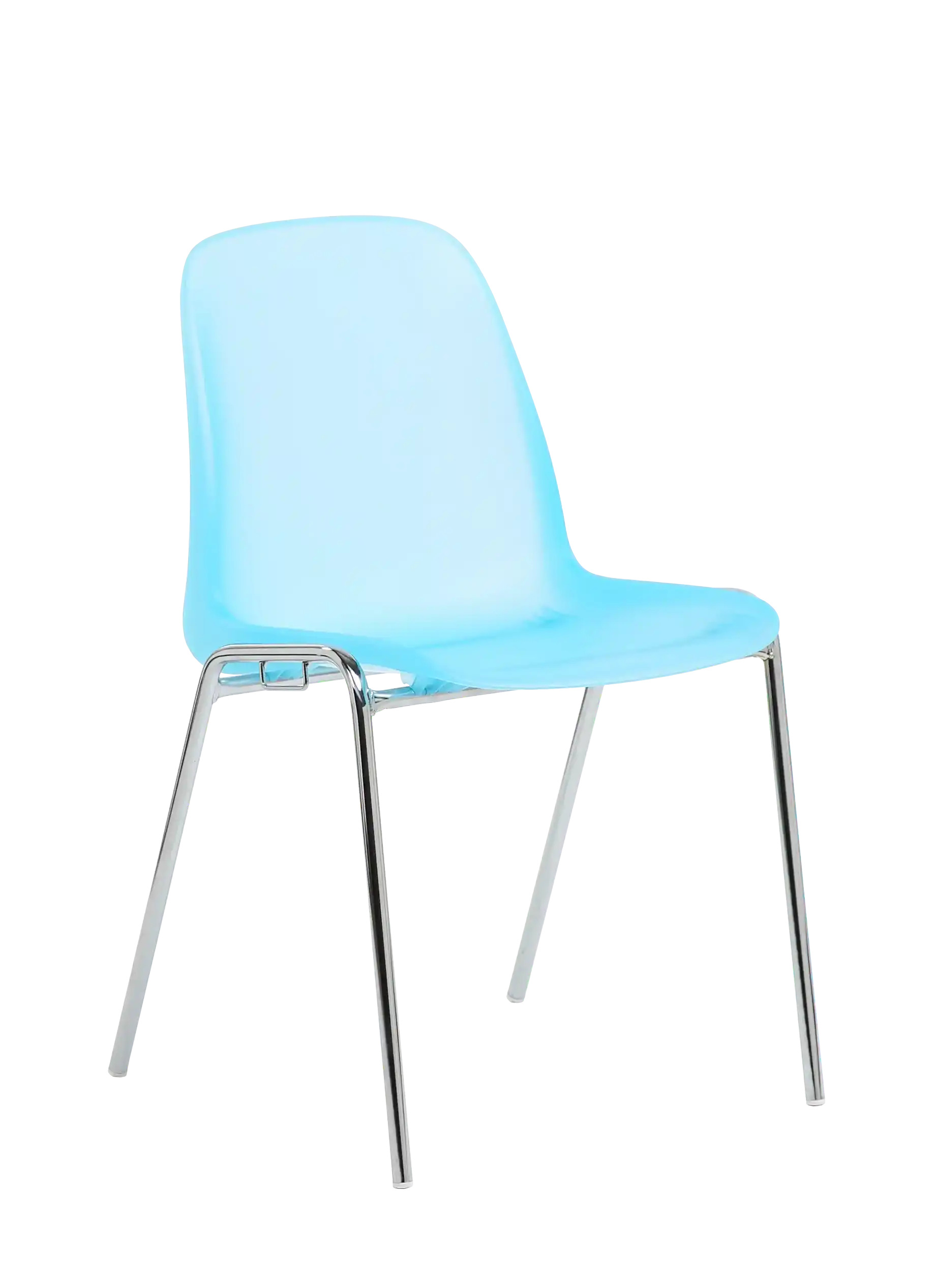 Chaise coque Bada bleu ciel sur pi&eacute;tement 4 pieds chrom&eacute;, vue de trois quarts
