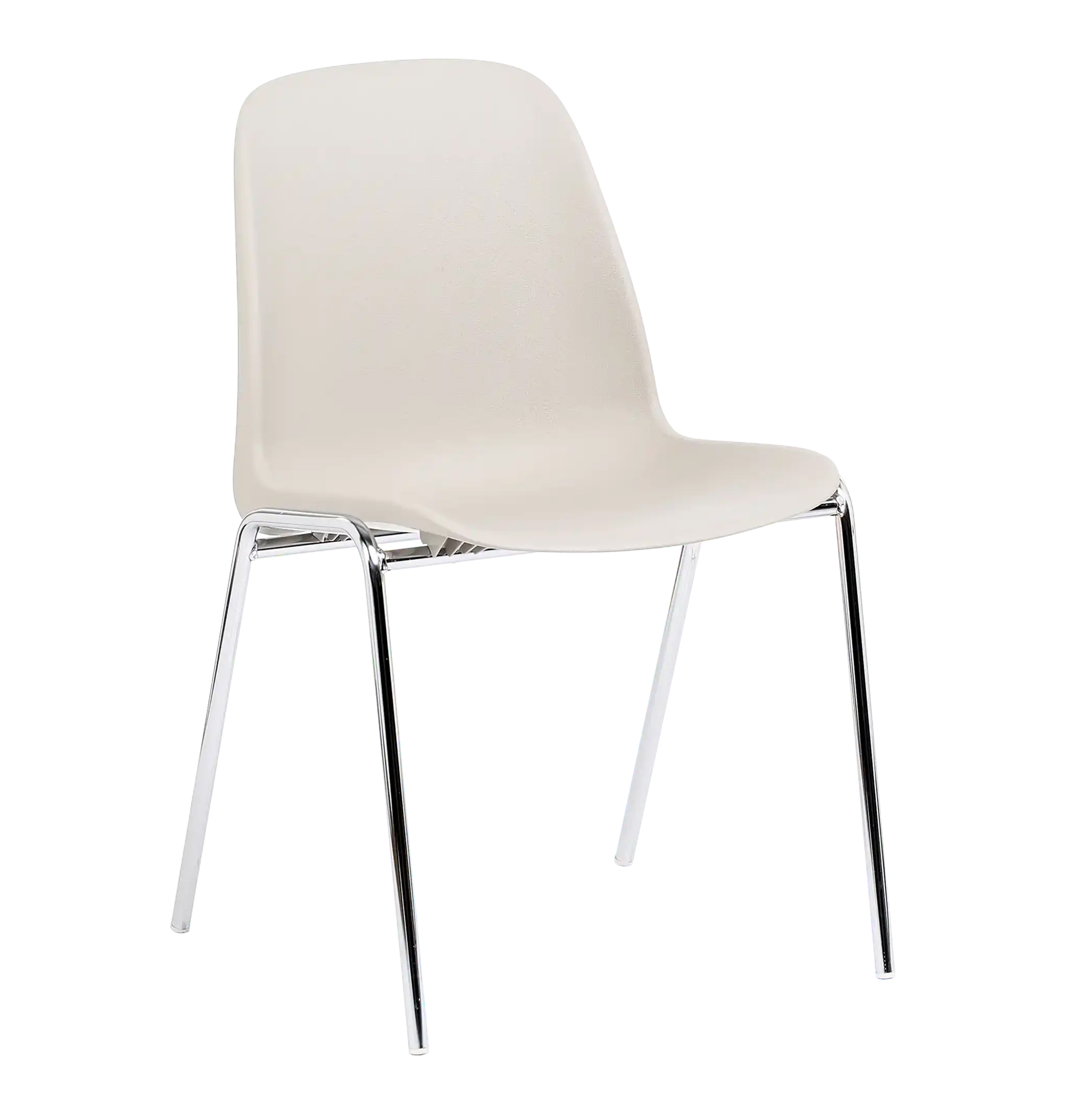 Chaise coque Bada gris clair sur pi&eacute;tement 4 pieds chrom&eacute;, vue de trois quarts