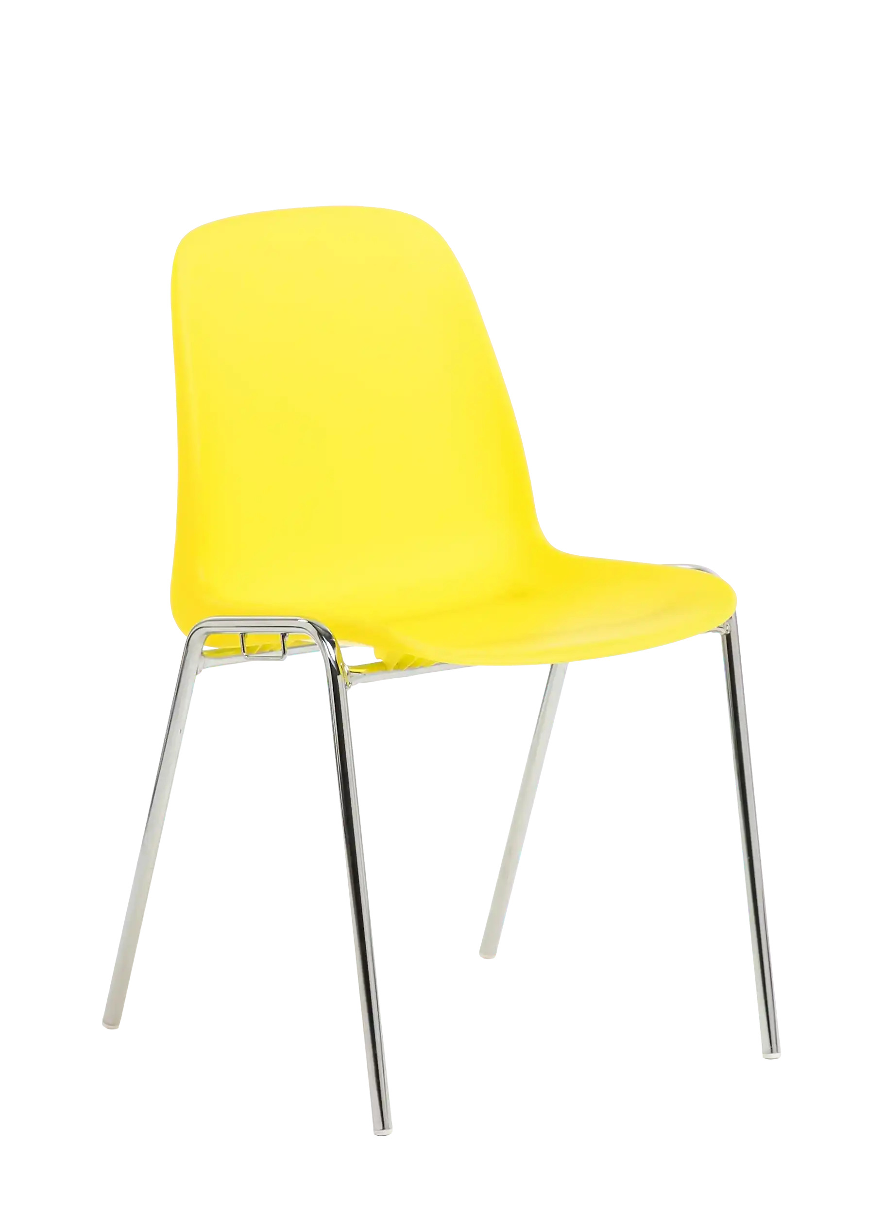 Chaise coque Bada jaune sur pi&eacute;tement 4 pieds chrom&eacute;, vue de trois quarts
