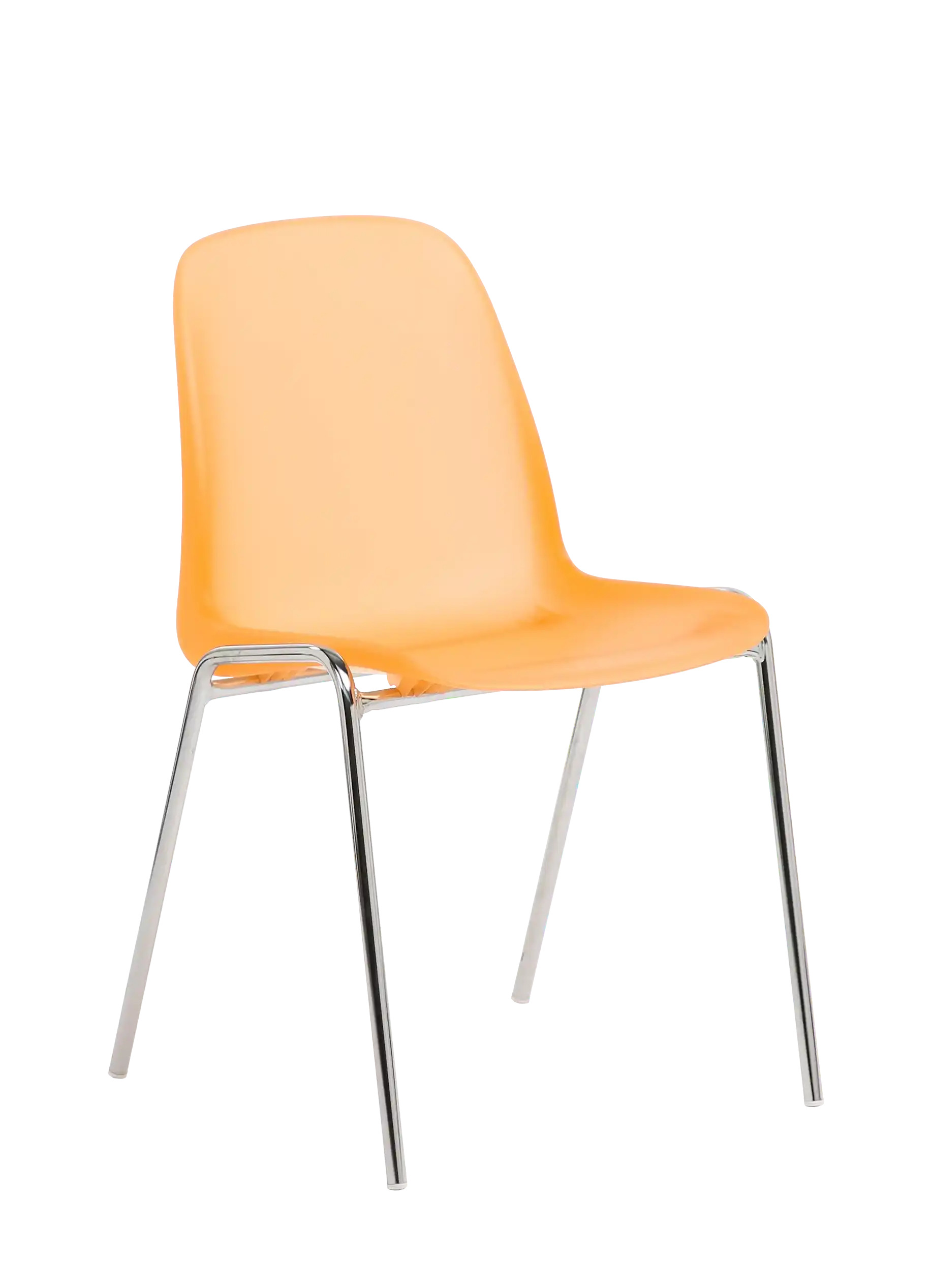Chaise coque Bada orange sur pi&eacute;tement 4 pieds chrom&eacute;, vue de trois quarts