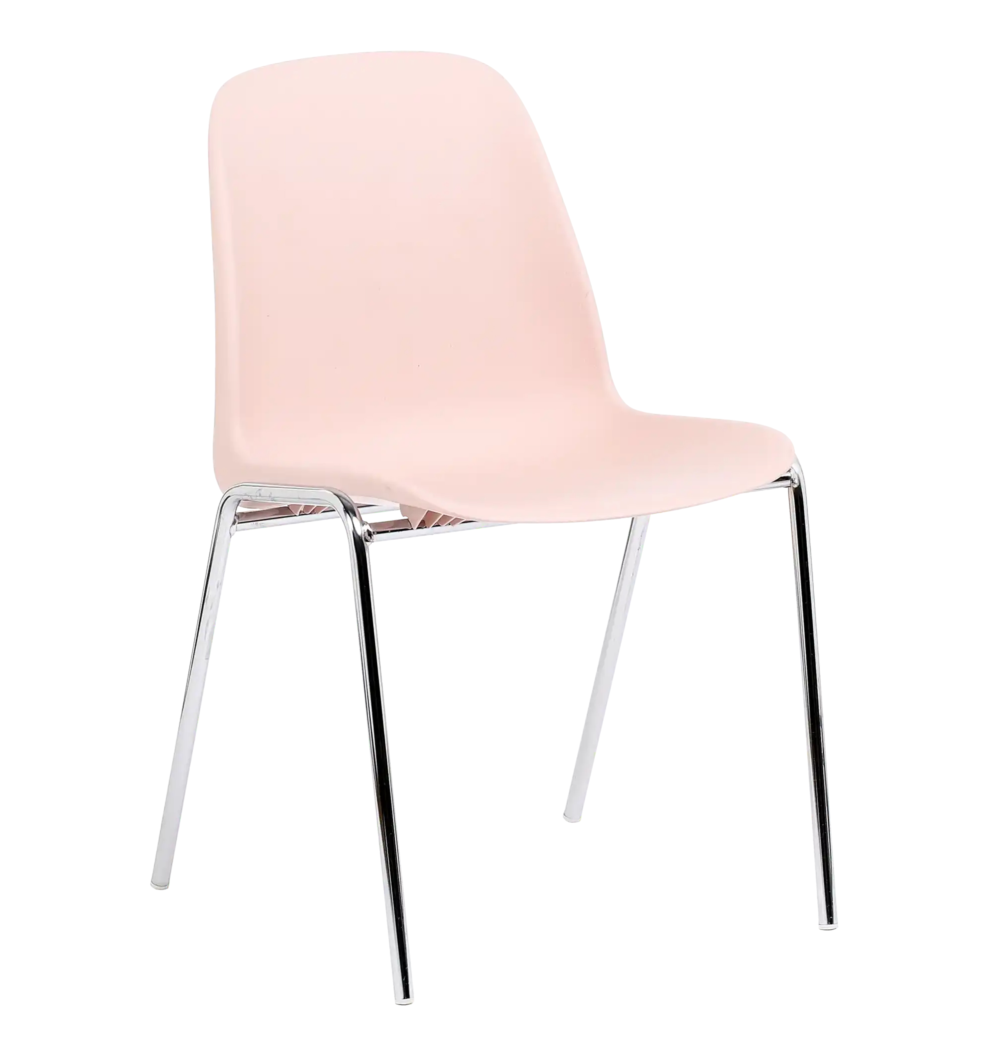 Chaise coque Bada rose sur pi&eacute;tement 4 pieds chrom&eacute;, vue de trois quarts
