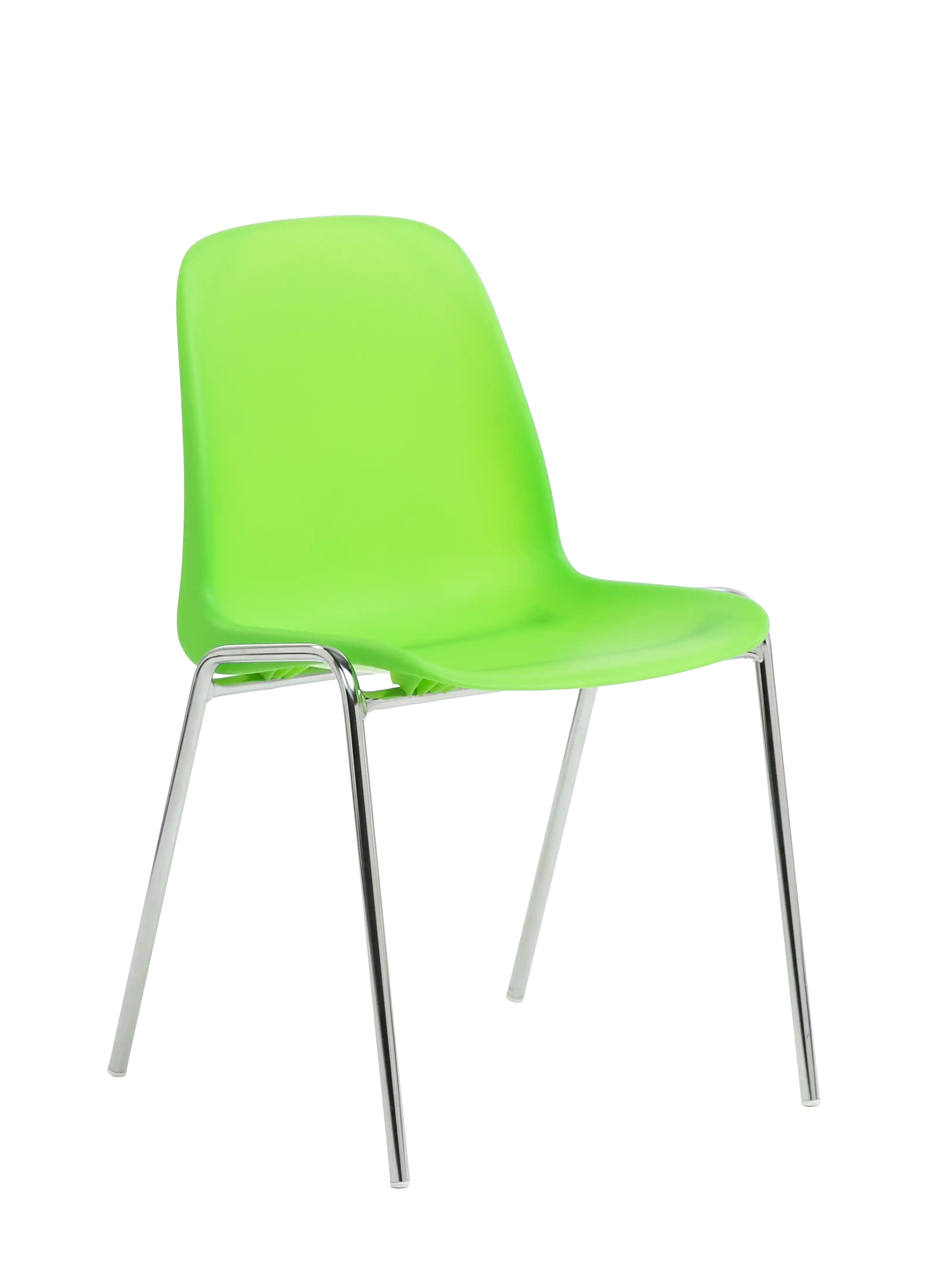 Chaise coque Bada vert sur pi&eacute;tement 4 pieds chrom&eacute;, vue de trois quarts