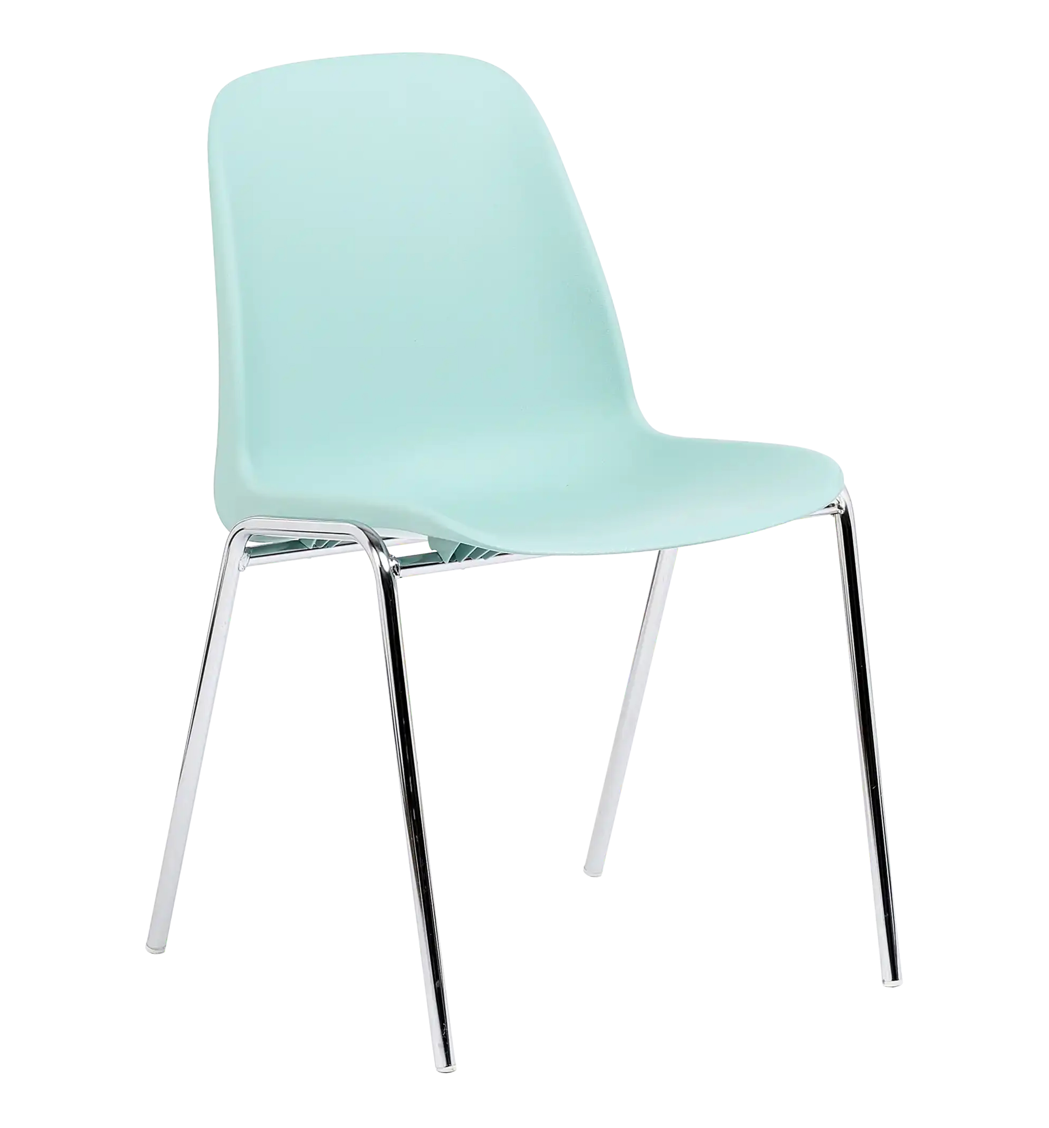 Chaise coque Bada vert d'eau sur pi&eacute;tement 4 pieds chrom&eacute;, vue de trois quarts