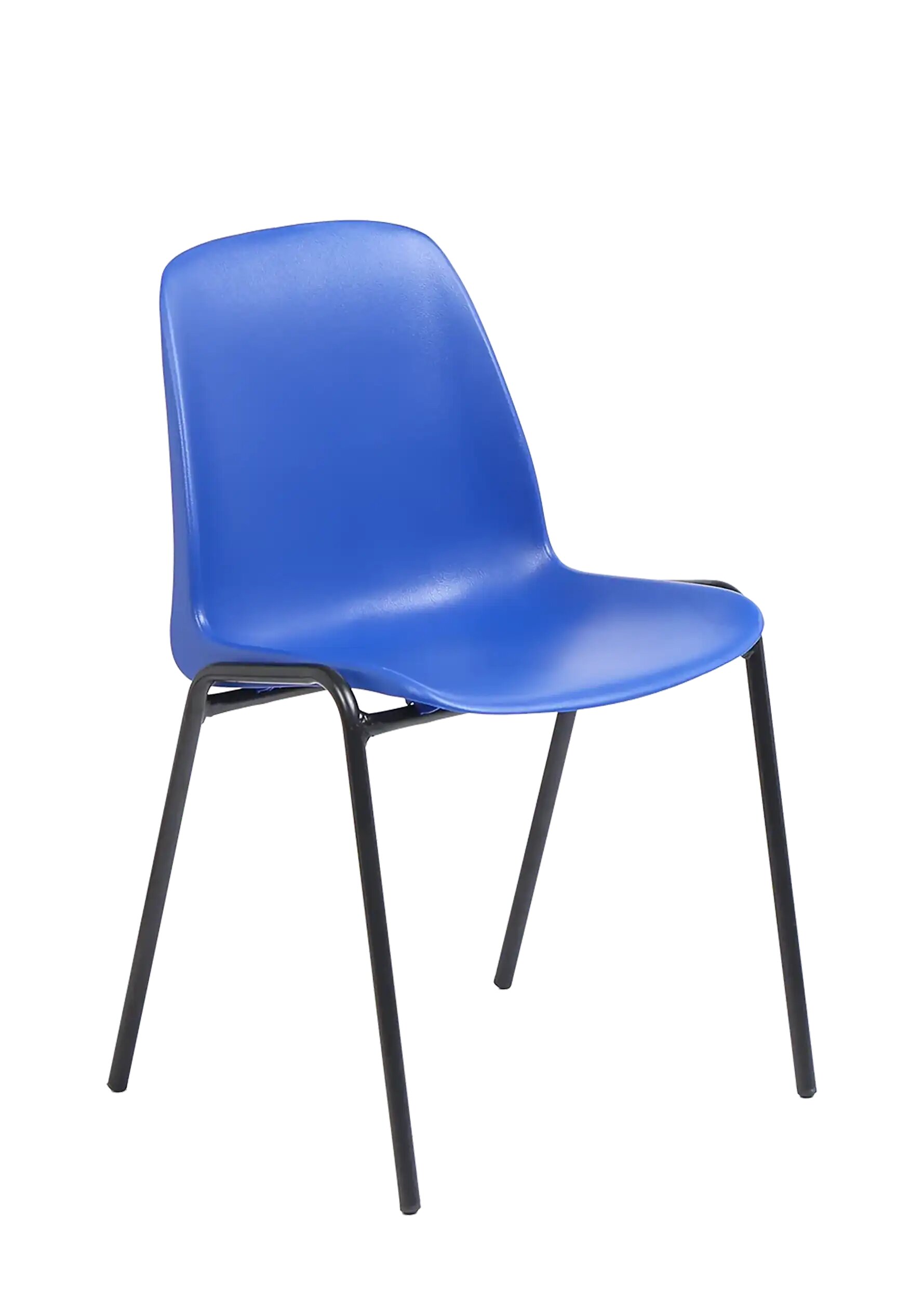 Chaise coque Bada bleu sur pi&eacute;tement 4 pieds noir, vue de trois quarts
