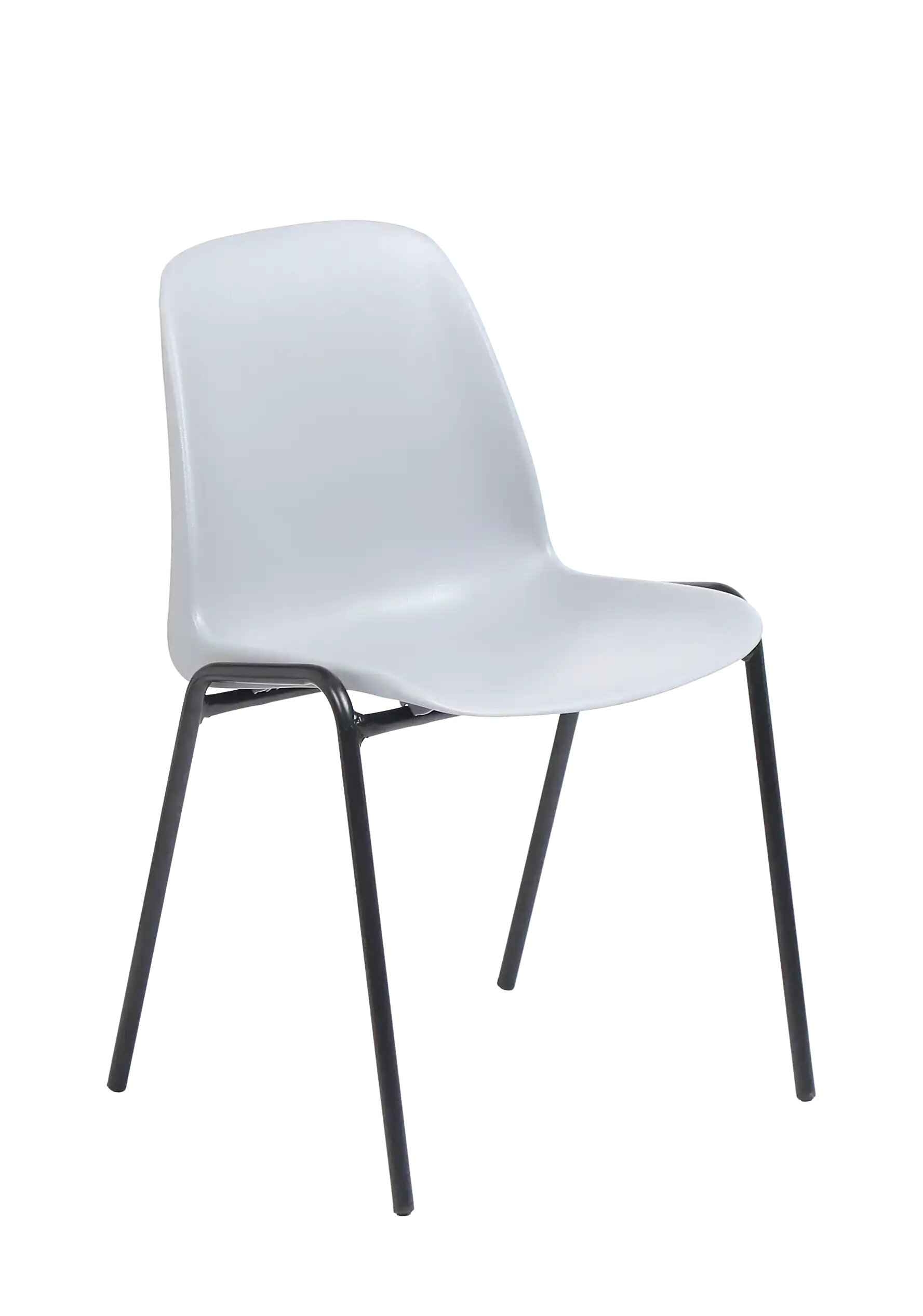 Chaise coque Bada gris clair sur pi&eacute;tement 4 pieds noir, vue de trois quarts