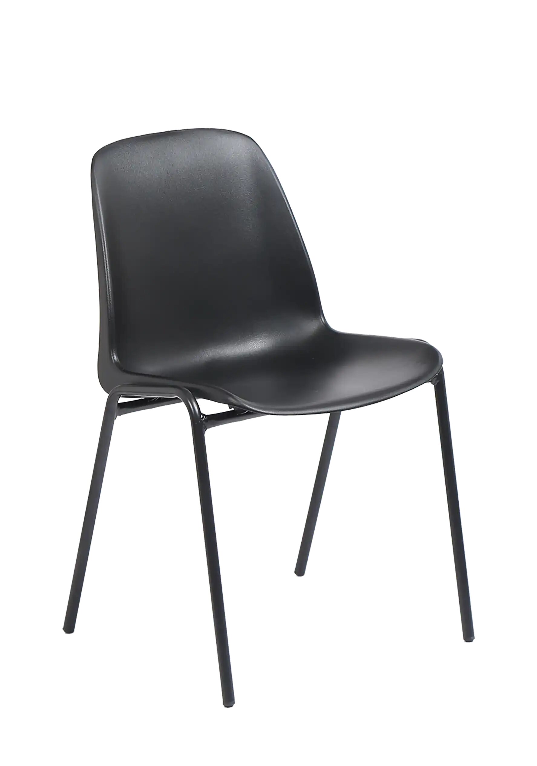 Chaise coque Bada noir sur pi&eacute;tement 4 pieds noir, vue de trois quarts
