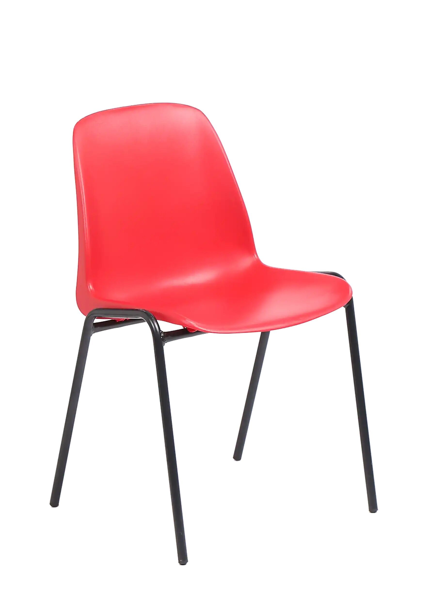 Chaise coque Bada rouge sur pi&eacute;tement 4 pieds noir, vue de trois quarts