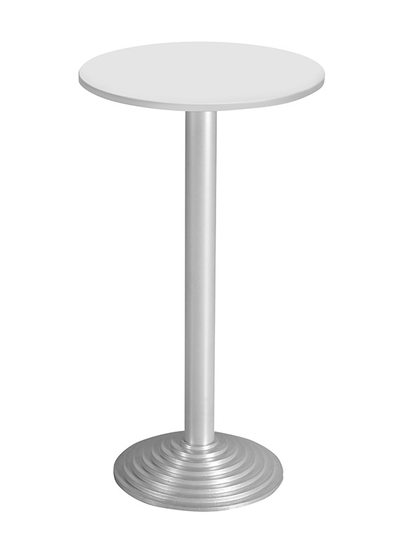 Table haute Bailey &agrave; un plateau rond sur colonne centrale et base ronde chrom&eacute;e