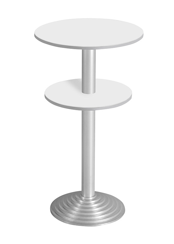 Table haute Bailey &agrave; deux plateaux ronds sur colonne centrale et base ronde chrom&eacute;e