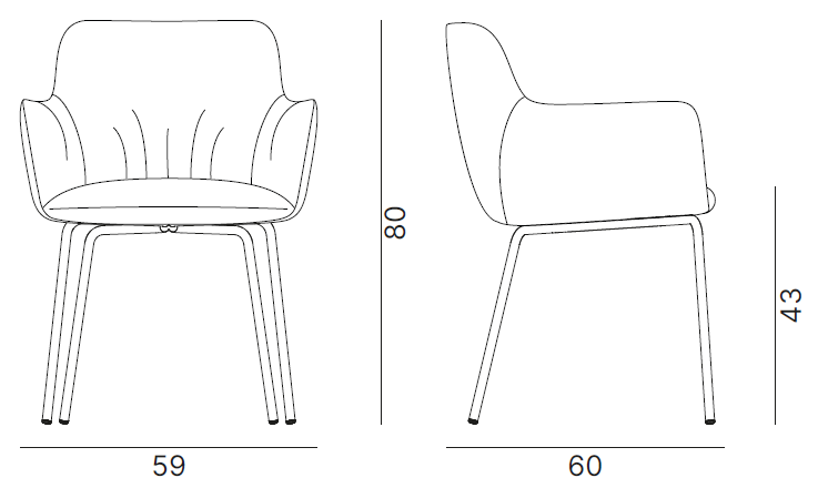 Sch&eacute;ma cotes fauteuil Bajoz &agrave; accoudoirs sur pi&eacute;tement 4 pieds : largeur 59 cm, hauteur 80 cm, face et profil