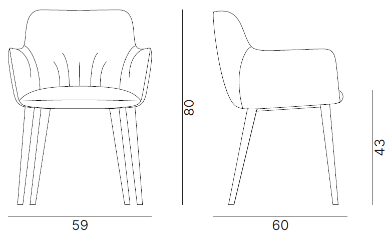 Sch&eacute;ma cotes fauteuil Bajoz &agrave; accoudoirs sur pi&eacute;tement 4 pieds bois : largeur 59 cm, hauteur 80 cm, face et profil