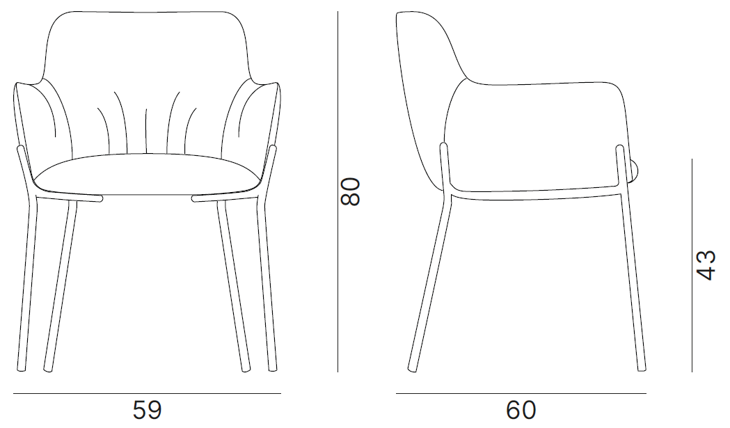 Sch&eacute;ma cotes fauteuil Bajoz &agrave; accoudoirs sur pi&eacute;tement 4 pieds d&eacute;co : largeur 59 cm, hauteur 80 cm, face et profil