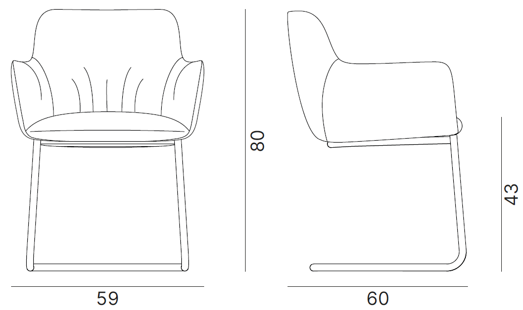 Sch&eacute;ma cotes fauteuil Bajoz &agrave; accoudoirs sur pi&eacute;tement luge cantilever : largeur 59 cm, hauteur 80 cm, face et profil