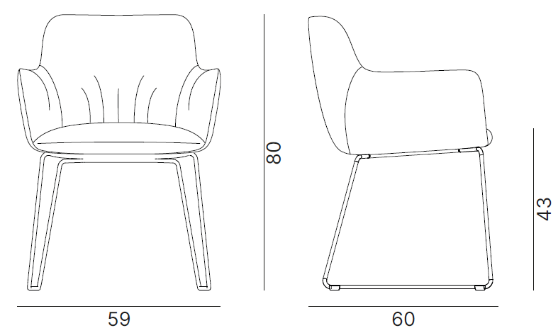 Sch&eacute;ma cotes fauteuil Bajoz &agrave; accoudoirs sur pi&eacute;tement luge : largeur 59 cm, hauteur 80 cm, vues face et profil