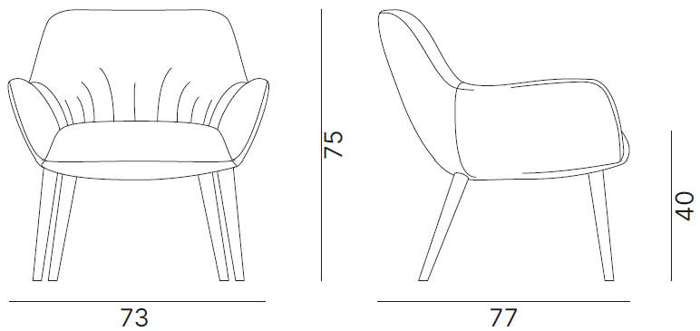 Schéma cotes fauteuil lounge Bajoz sur piétement 4 pieds bois : largeur 73 cm, hauteur 75 cm, vues face et profil