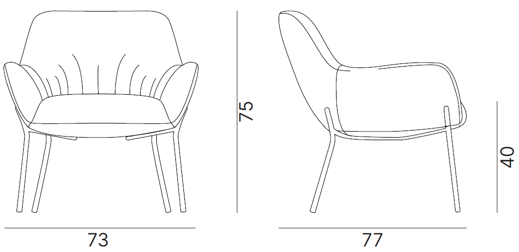 Schéma cotes fauteuil lounge Bajoz sur piétement 4 pieds déco : largeur 73 cm, hauteur 75 cm, vues face et profil