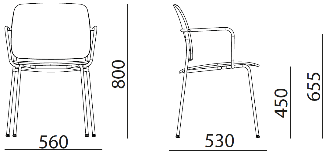 Sch&eacute;ma cotes fauteuil Barbiano avec accoudoirs sur 4 pieds : largeur 560 mm, hauteur 800 mm, assise 450 mm, face et profil