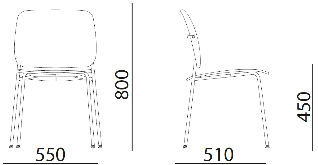 Sch&eacute;ma cotes chaise Barbiano sans accoudoirs sur 4 pieds : largeur 550 mm, hauteur 800 mm, assise 450 mm, face et profil