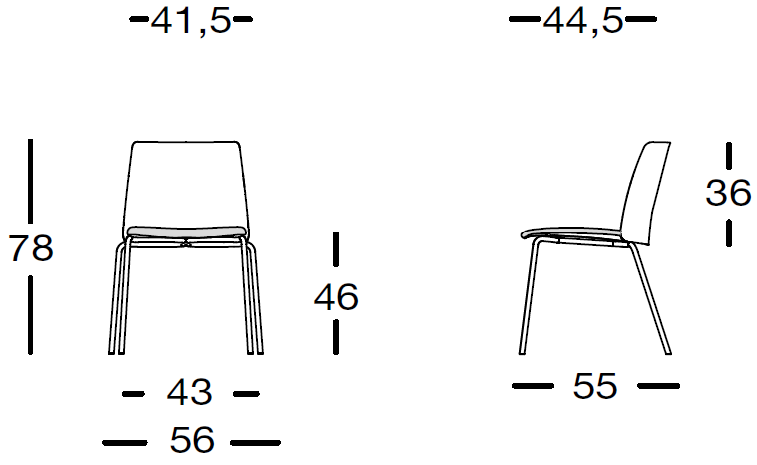 Sch&eacute;ma chaise Barrine, vues de face et de profil avec cotes : hauteur 78 cm, assise 46 cm, largeur 56 cm, profondeur 55 cm