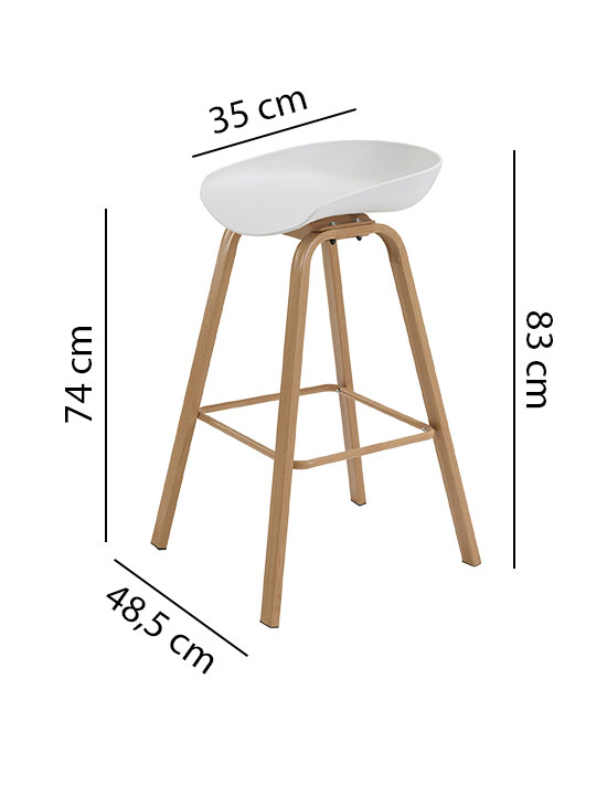 Schéma tabouret Bayou avec cotes : assise Ø 35 cm, hauteur d'assise 74 cm, hauteur totale 83 cm, profondeur 48,5 cm