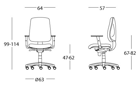 Sch&eacute;ma si&egrave;ge op&eacute;ratif Bazlata, vues de face et profil, cotes : hauteur 99-114 cm, assise 47-62 cm, pi&eacute;tement &Oslash; 63 cm