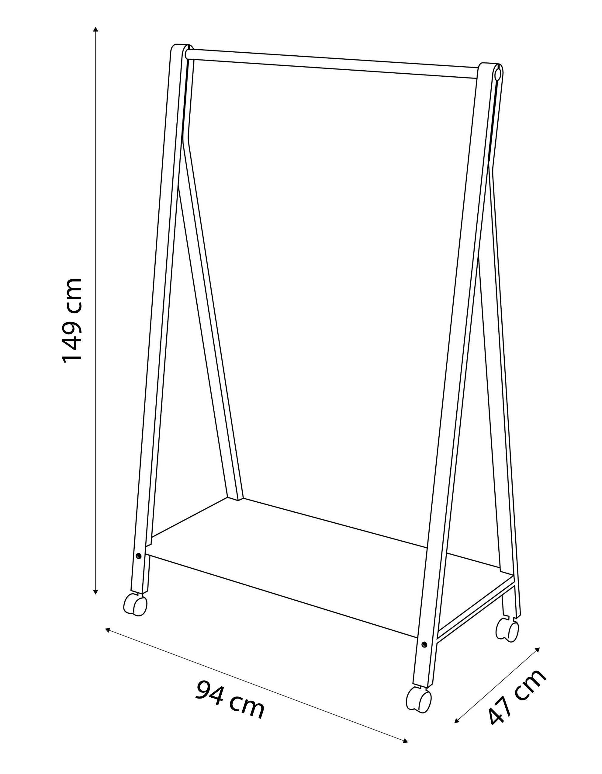 Sch&eacute;ma porte-v&ecirc;tements Bego avec cotes : hauteur 149 cm, largeur 94 cm, profondeur 47 cm