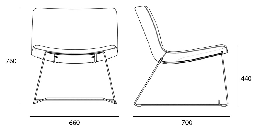 Sch&eacute;ma fauteuil lounge Belagua, vues face et profil, cotes : haut. 760 mm, larg. 660 mm, prof. 700 mm, assise 440 mm