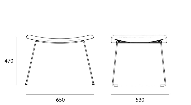 Sch&eacute;ma repose-pieds Belagua, vues de face et profil, cotes : hauteur 470 mm, largeur 650 mm, profondeur 530 mm