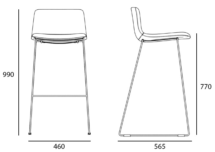 Sch&eacute;ma tabouret Belagua, vues de face et profil, cotes : hauteur 990 mm, assise 770 mm, largeur 460 mm, profondeur 565 mm