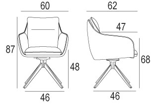 Sch&eacute;ma technique fauteuil Belvoir, vues face et profil, cotes : haut. 87 cm, larg. 60 cm, prof. 62 cm, assise 48 cm