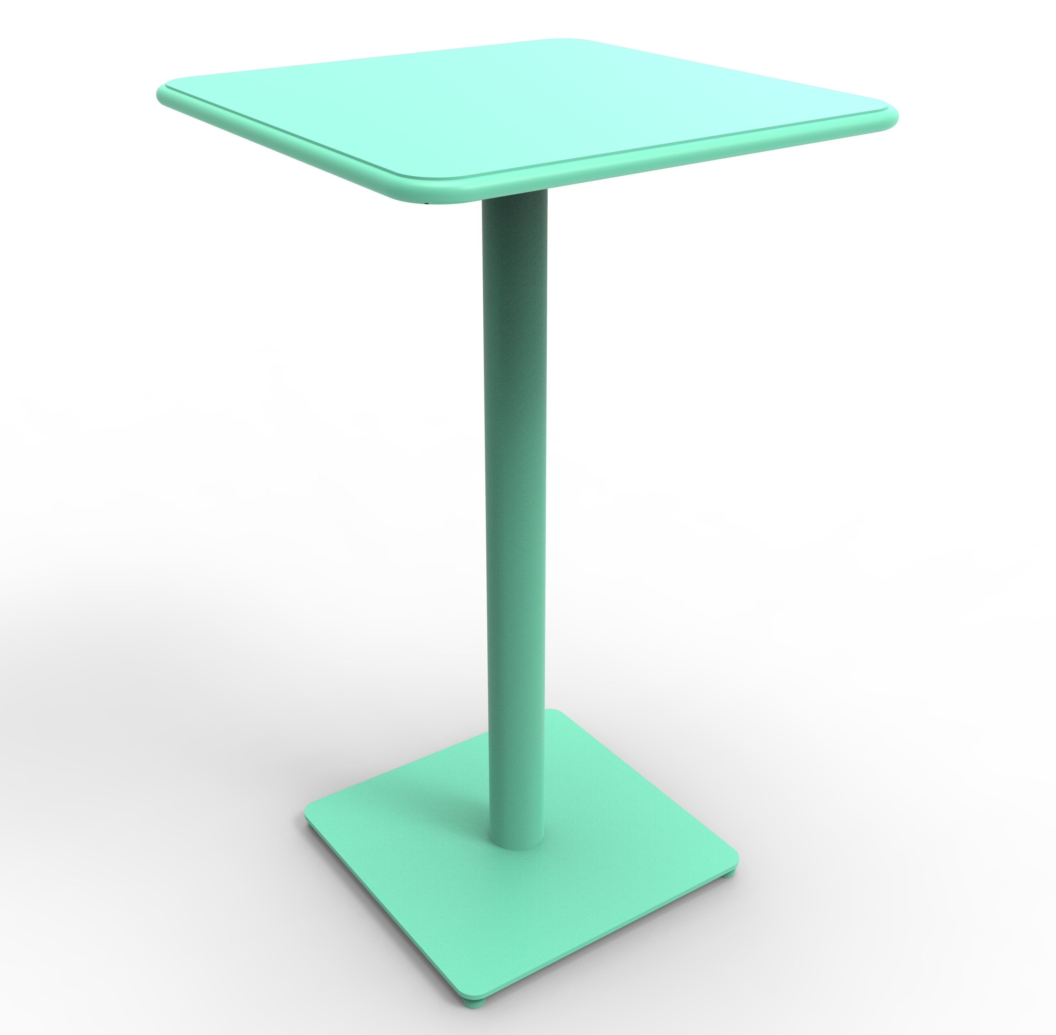 Table haute Bimini, plateau carré coloris vert d'eau, piétement central et base carrée