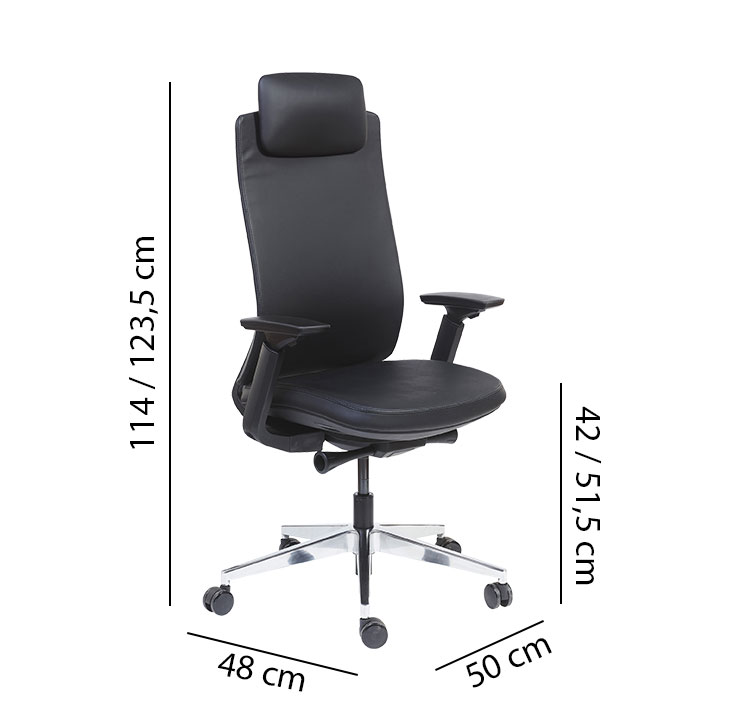 Sch&eacute;ma fauteuil de direction Bonaly avec cotes : hauteur 114 &agrave; 123,5 cm, assise 42 &agrave; 51,5 cm, largeur 50 cm