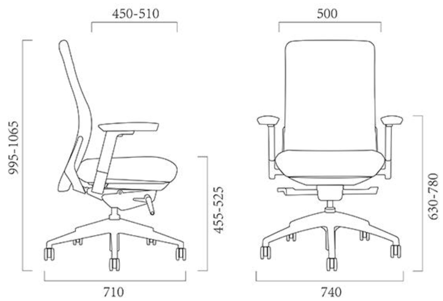 Sch&eacute;ma fauteuil de bureau Briance, vues face et profil, cotes : hauteur 995-1065 mm, assise 455-525 mm, largeur 710 mm