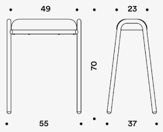 Sch&eacute;ma tabouret Burano, vues face et profil, cotes : hauteur 70 cm, largeur 55 cm, profondeur 37 cm